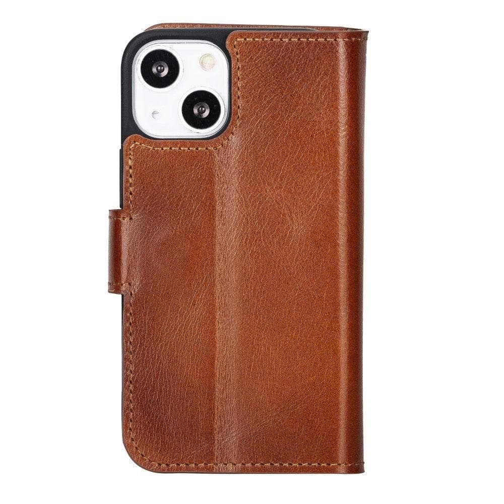 Apple iPhone 13 Series Non-Detachable Leather Wallet Case in black, showcasing card slots and magnetic clip.