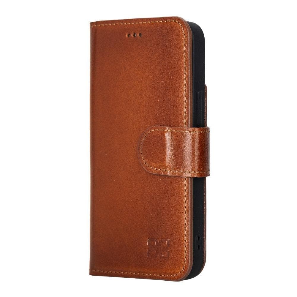 Apple iPhone 13 Series Non-Detachable Leather Wallet Case in black, showcasing card slots and magnetic clip.