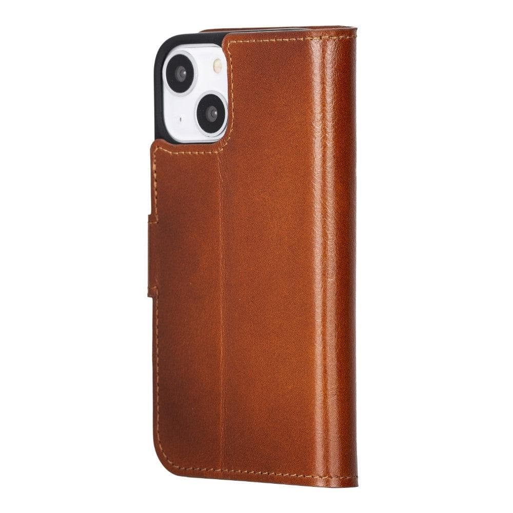 Apple iPhone 13 Series Non-Detachable Leather Wallet Case in black, showcasing card slots and magnetic clip.