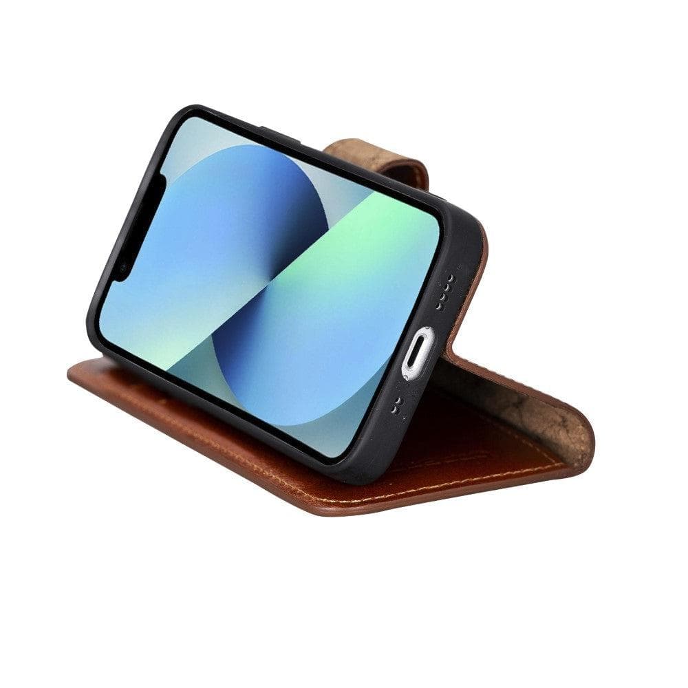 Apple iPhone 13 Series Non-Detachable Leather Wallet Case in black, showcasing card slots and magnetic clip.