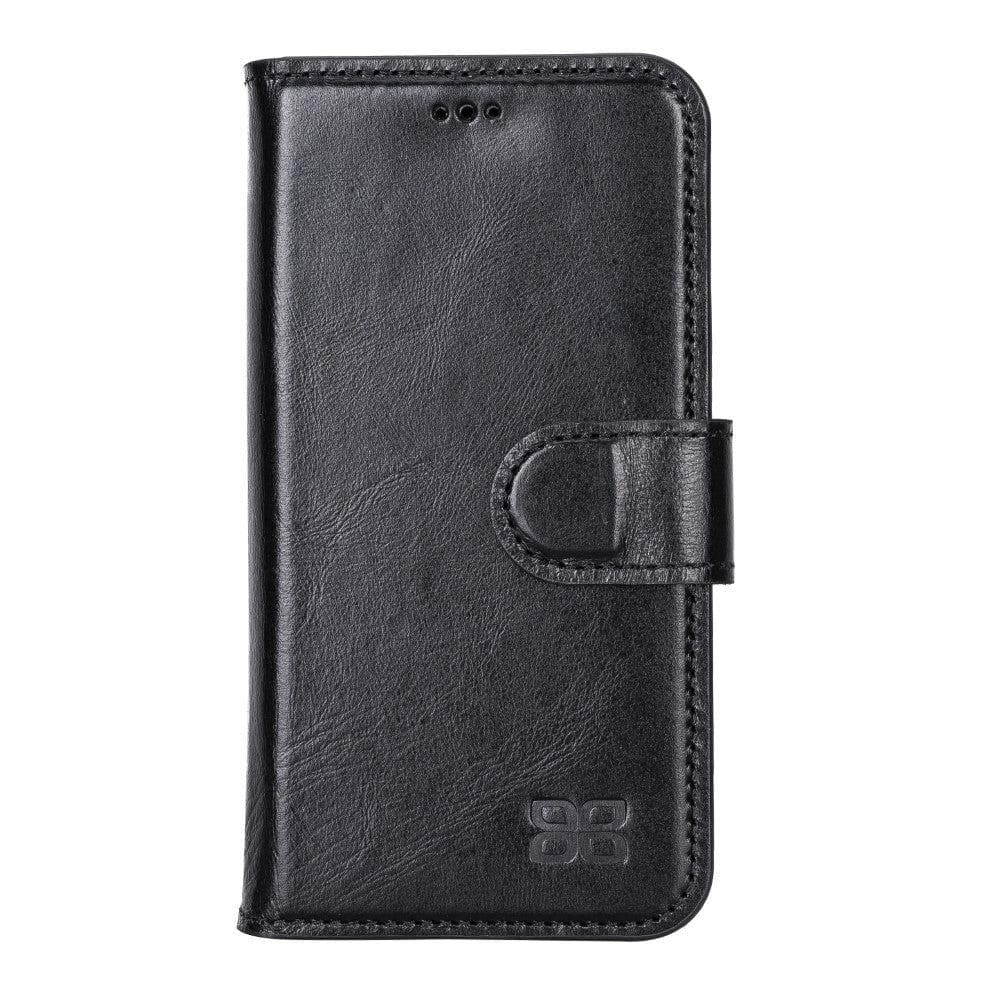 Apple iPhone 13 Series Non-Detachable Leather Wallet Case in black, showcasing card slots and magnetic clip.