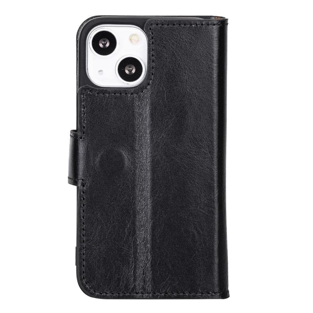 Apple iPhone 13 Series Non-Detachable Leather Wallet Case in black, showcasing card slots and magnetic clip.