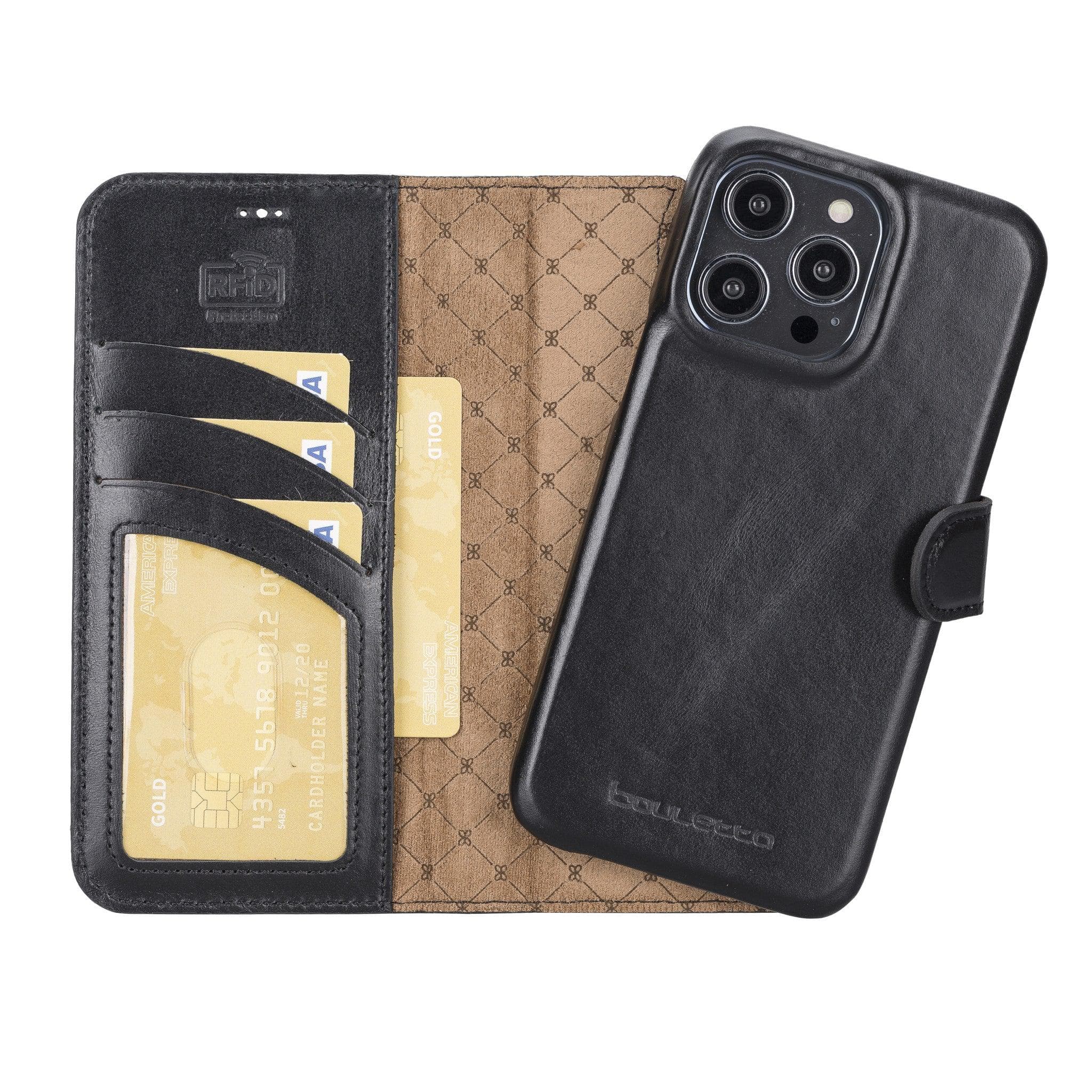 Apple iPhone 14 Series Full Leather Coating Detachable Wallet Case in black leather, showcasing its sleek design and card slots.