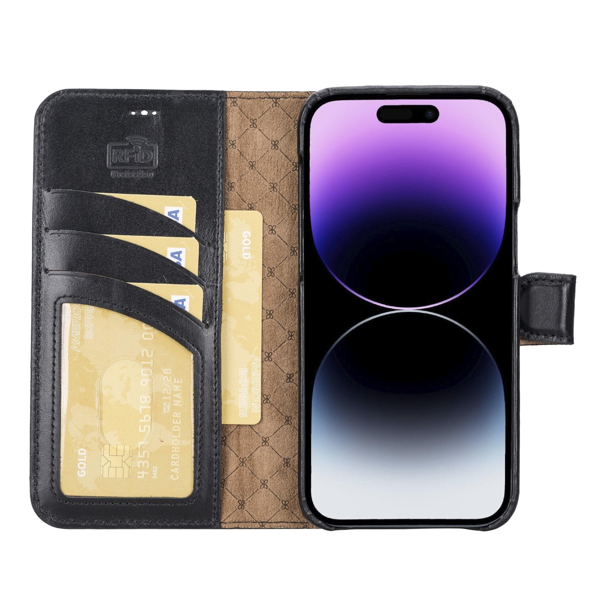 Apple iPhone 14 Series Full Leather Coating Detachable Wallet Case in black leather, showcasing its sleek design and card slots.