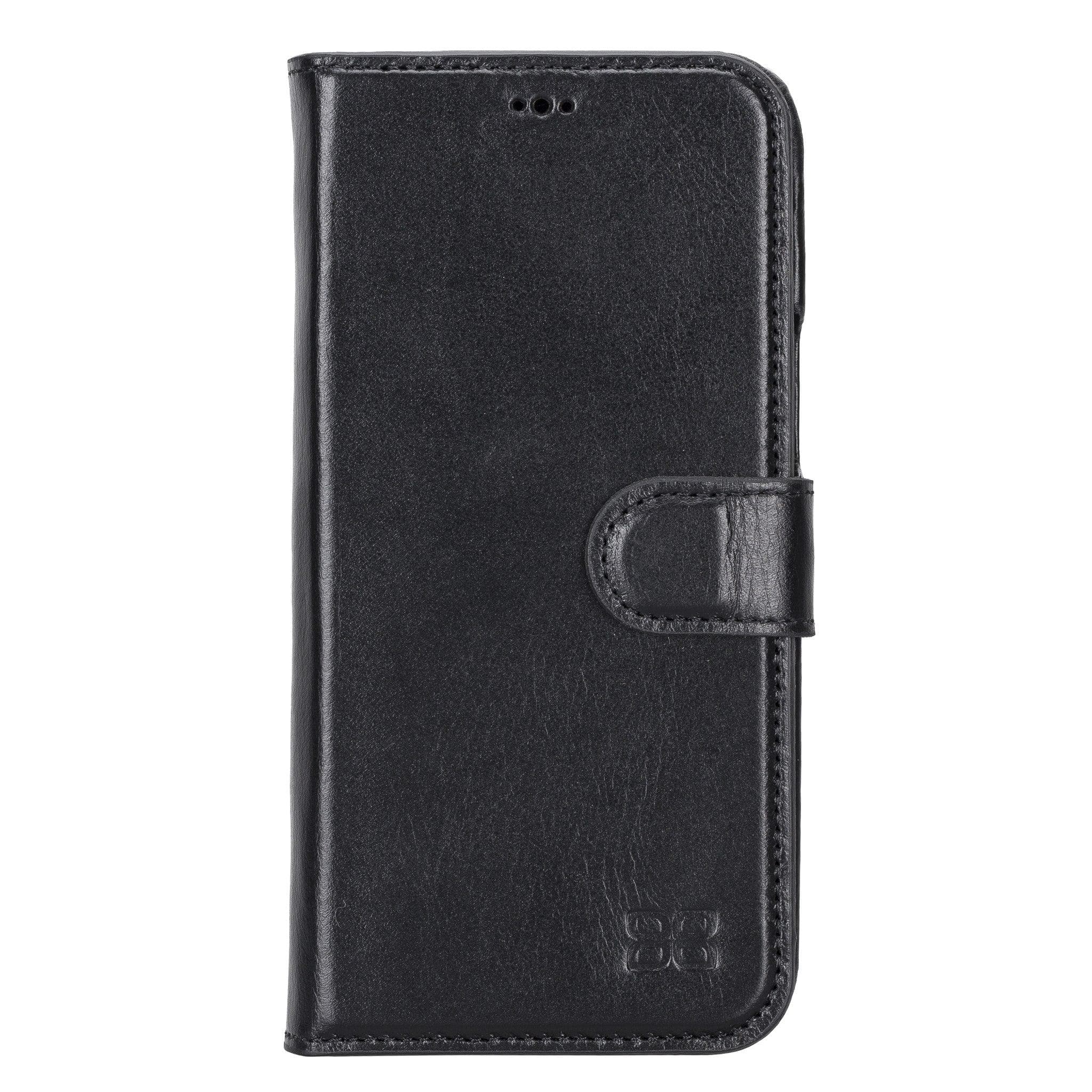 Apple iPhone 14 Series Full Leather Coating Detachable Wallet Case in black leather, showcasing its sleek design and card slots.