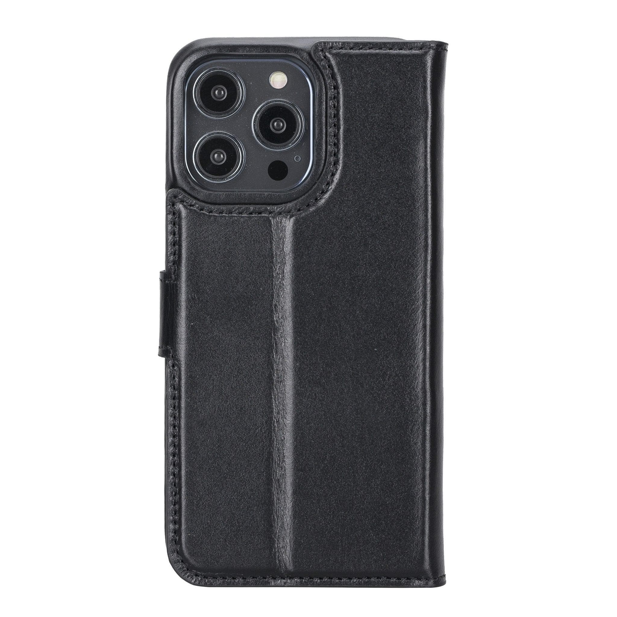 Apple iPhone 14 Series Full Leather Coating Detachable Wallet Case in black leather, showcasing its sleek design and card slots.