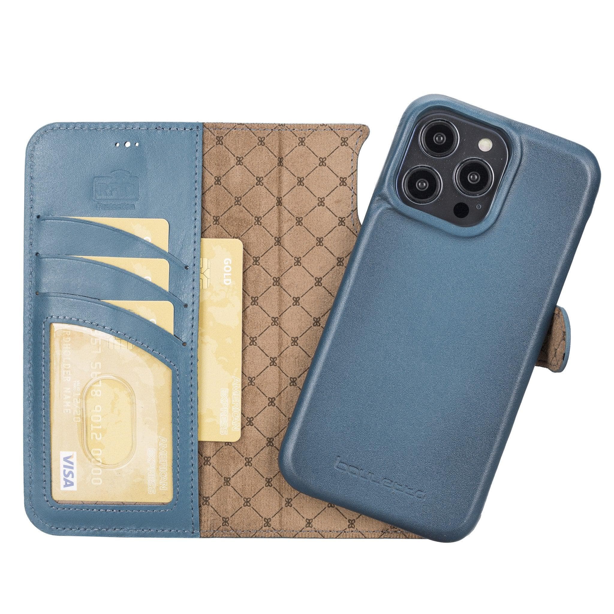 Apple iPhone 14 Series Full Leather Coating Detachable Wallet Case in black leather, showcasing its sleek design and card slots.