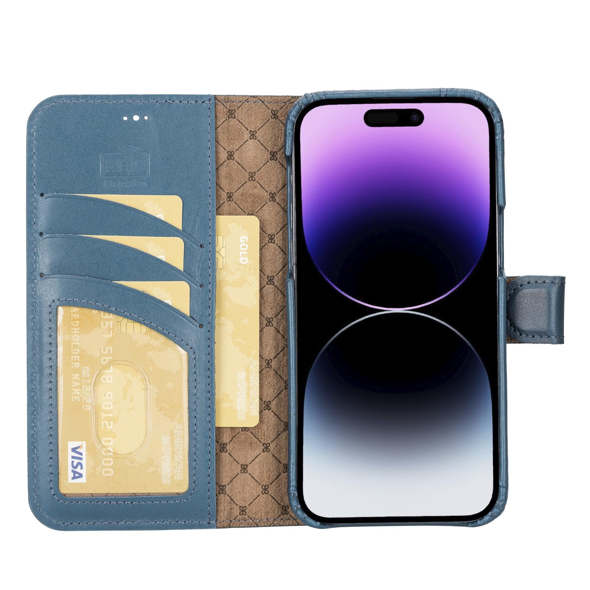 Apple iPhone 14 Series Full Leather Coating Detachable Wallet Case in black leather, showcasing its sleek design and card slots.