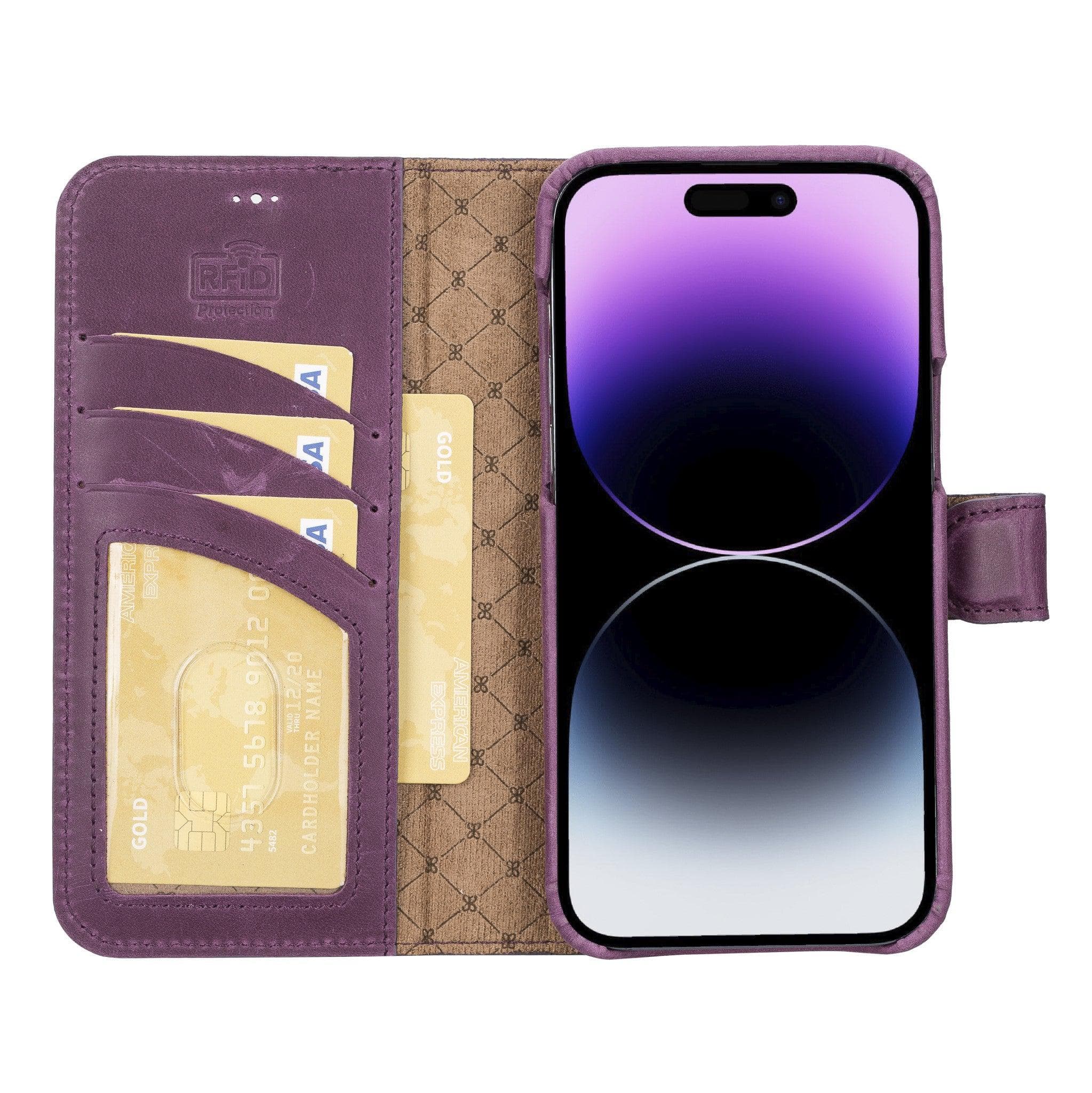 Apple iPhone 14 Series Full Leather Coating Detachable Wallet Case in black leather, showcasing its sleek design and card slots.