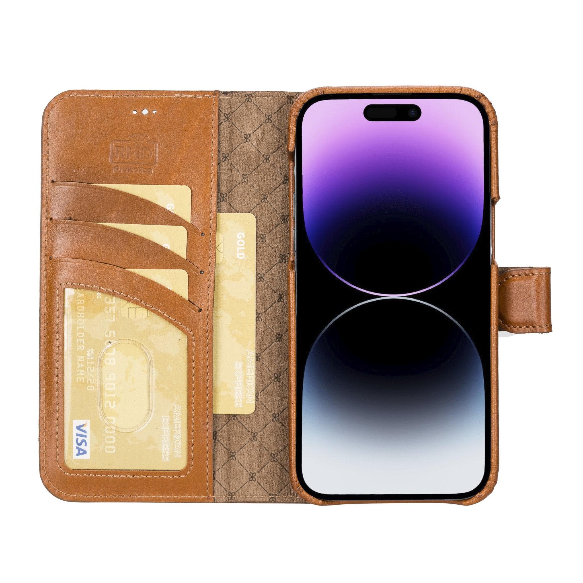Apple iPhone 14 Series Full Leather Coating Detachable Wallet Case in black leather, showcasing its sleek design and card slots.