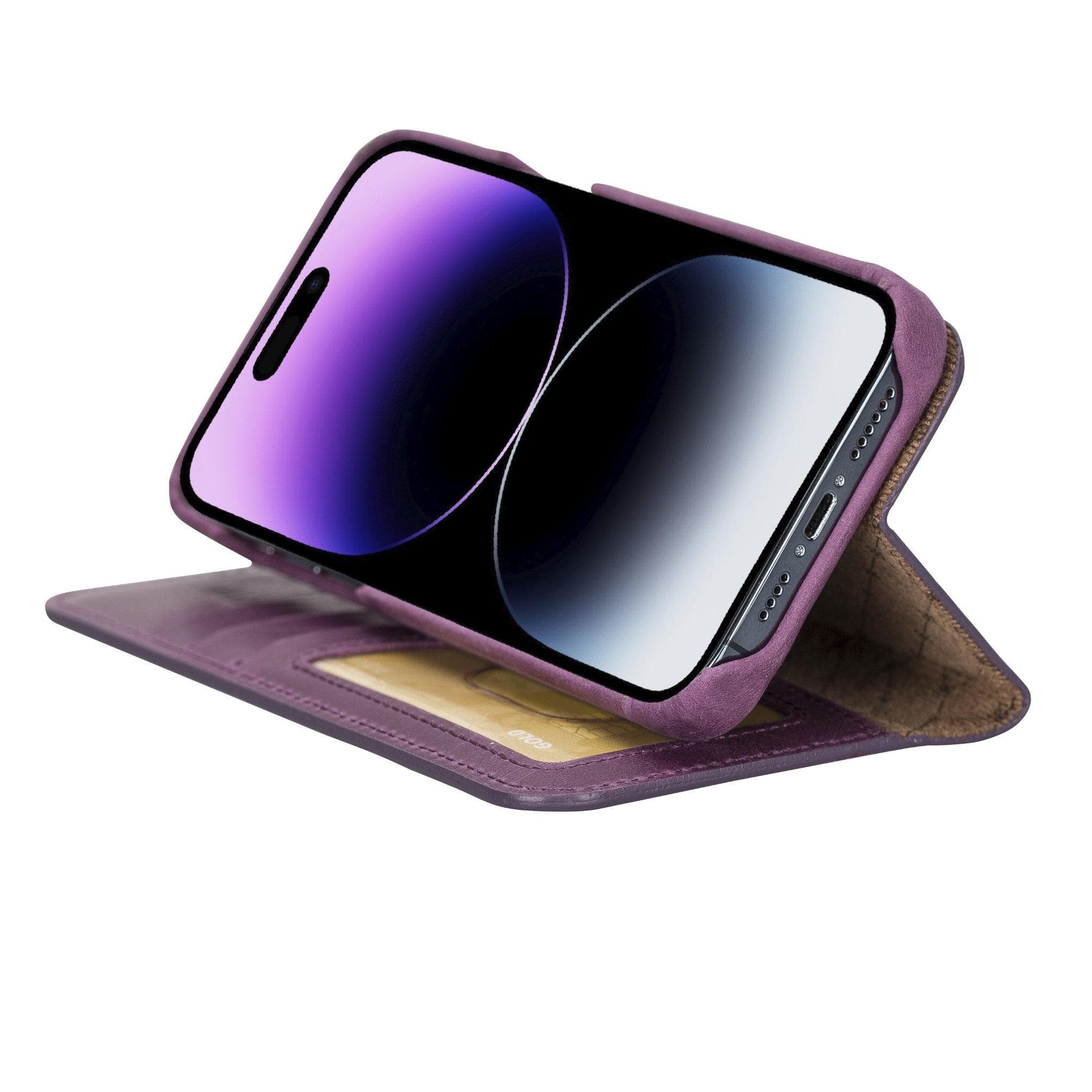 Apple iPhone 14 Series Full Leather Coating Detachable Wallet Case in black leather, showcasing its sleek design and card slots.