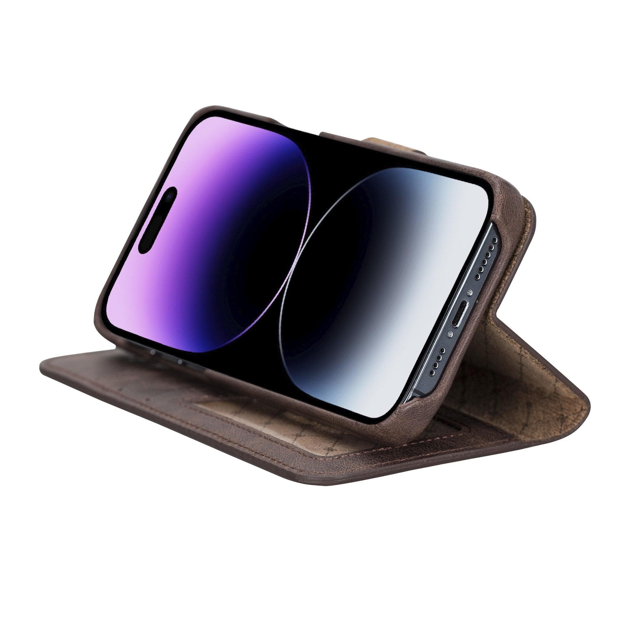 Apple iPhone 14 Series Full Leather Coating Detachable Wallet Case in black leather, showcasing its sleek design and card slots.