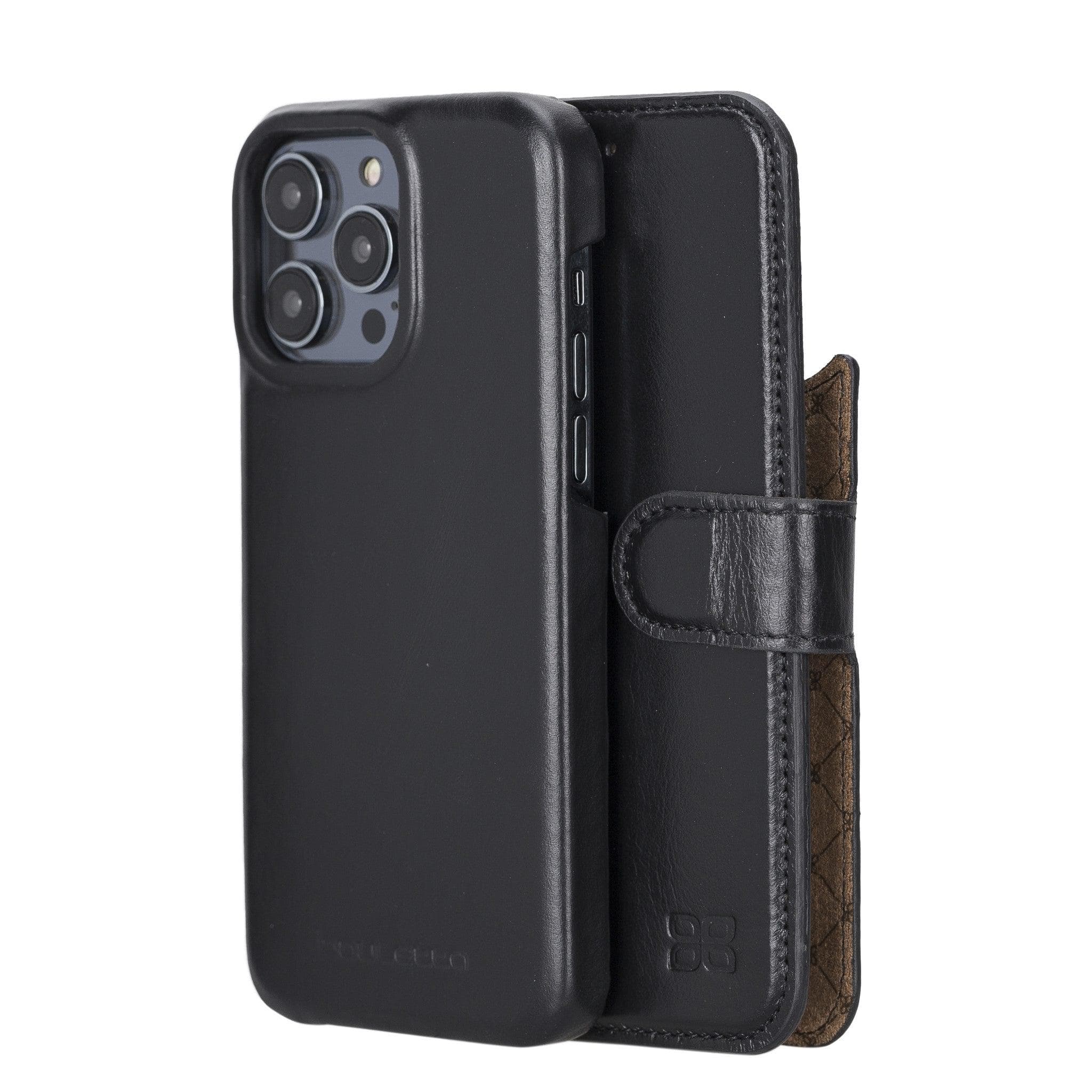 Apple iPhone 14 Series Full Leather Coating Detachable Wallet Case in black leather, showcasing its sleek design and card slots.