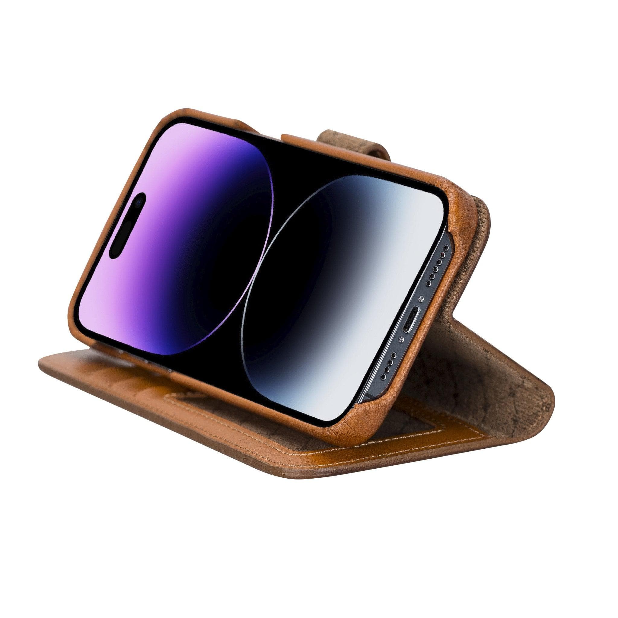 Apple iPhone 14 Series Full Leather Coating Detachable Wallet Case in black leather, showcasing its sleek design and card slots.