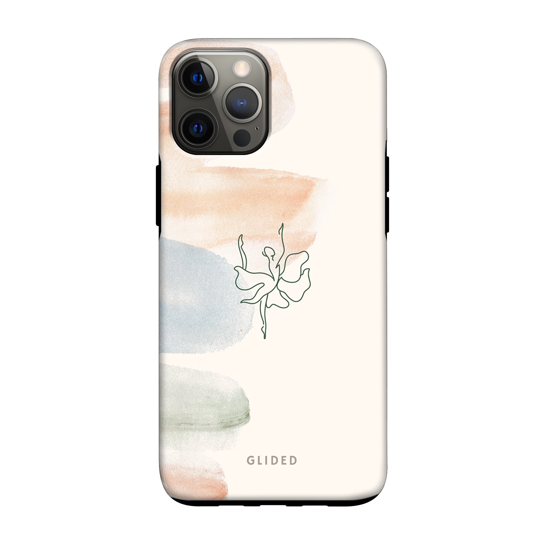 Aquarelle iPhone 12 Handyhülle mit zarten Pastellfarben und einer eleganten Ballerina in der Mitte, die Kunst und Stil vereint.