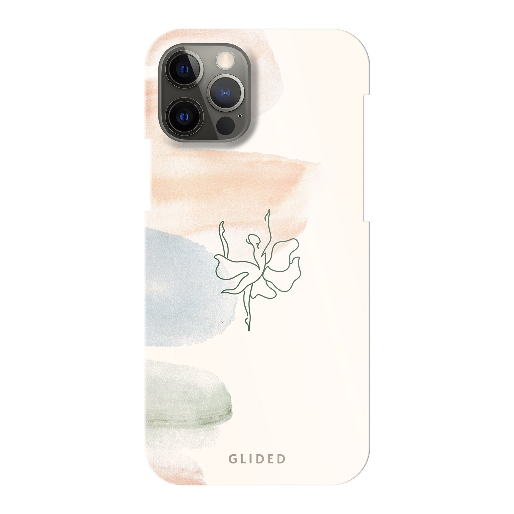 Aquarelle iPhone 12 Handyhülle mit zarten Pastellfarben und einer eleganten Ballerina in der Mitte, die Kunst und Stil vereint.