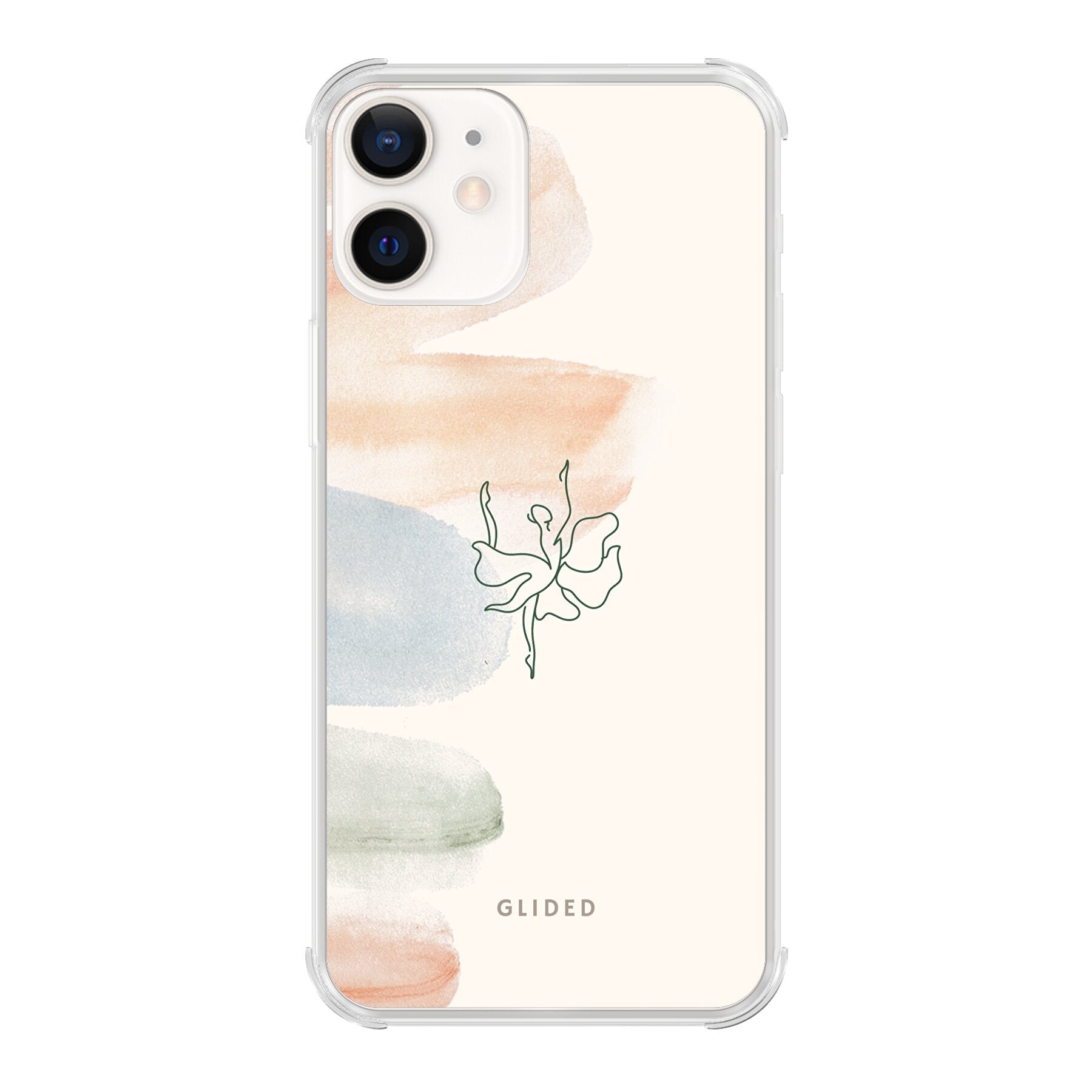 Aquarelle iPhone 12 Handyhülle mit zarten Pastellfarben und einer eleganten Ballerina in der Mitte, die Kunst und Stil vereint.