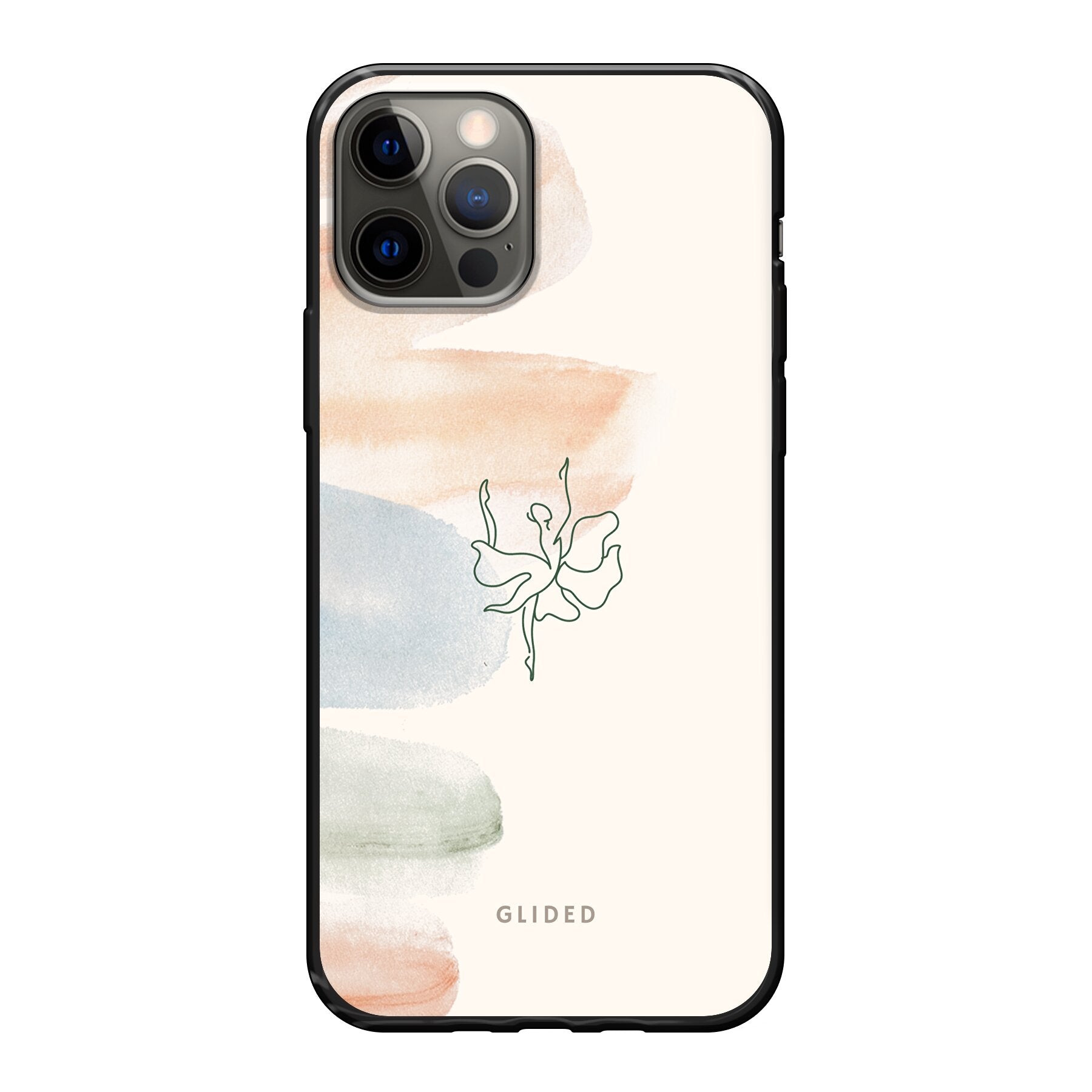 Aquarelle iPhone 12 Handyhülle mit zarten Pastellfarben und einer eleganten Ballerina in der Mitte, die Kunst und Stil vereint.