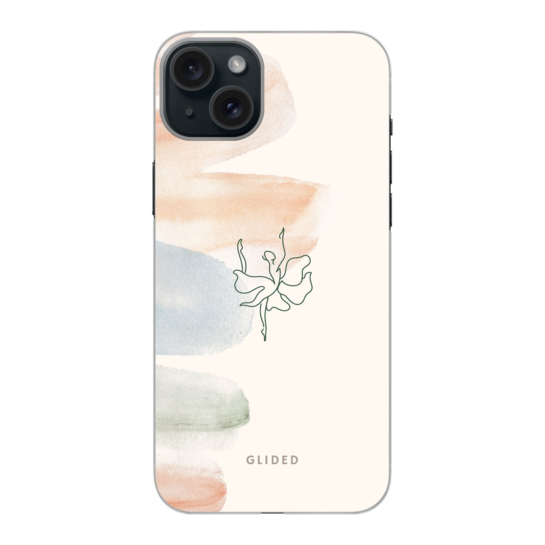 Aquarelle iPhone 15 Plus Handyhülle mit zarten Pastellfarben und einer eleganten Ballerina im Design, idealer Schutz und Stil.