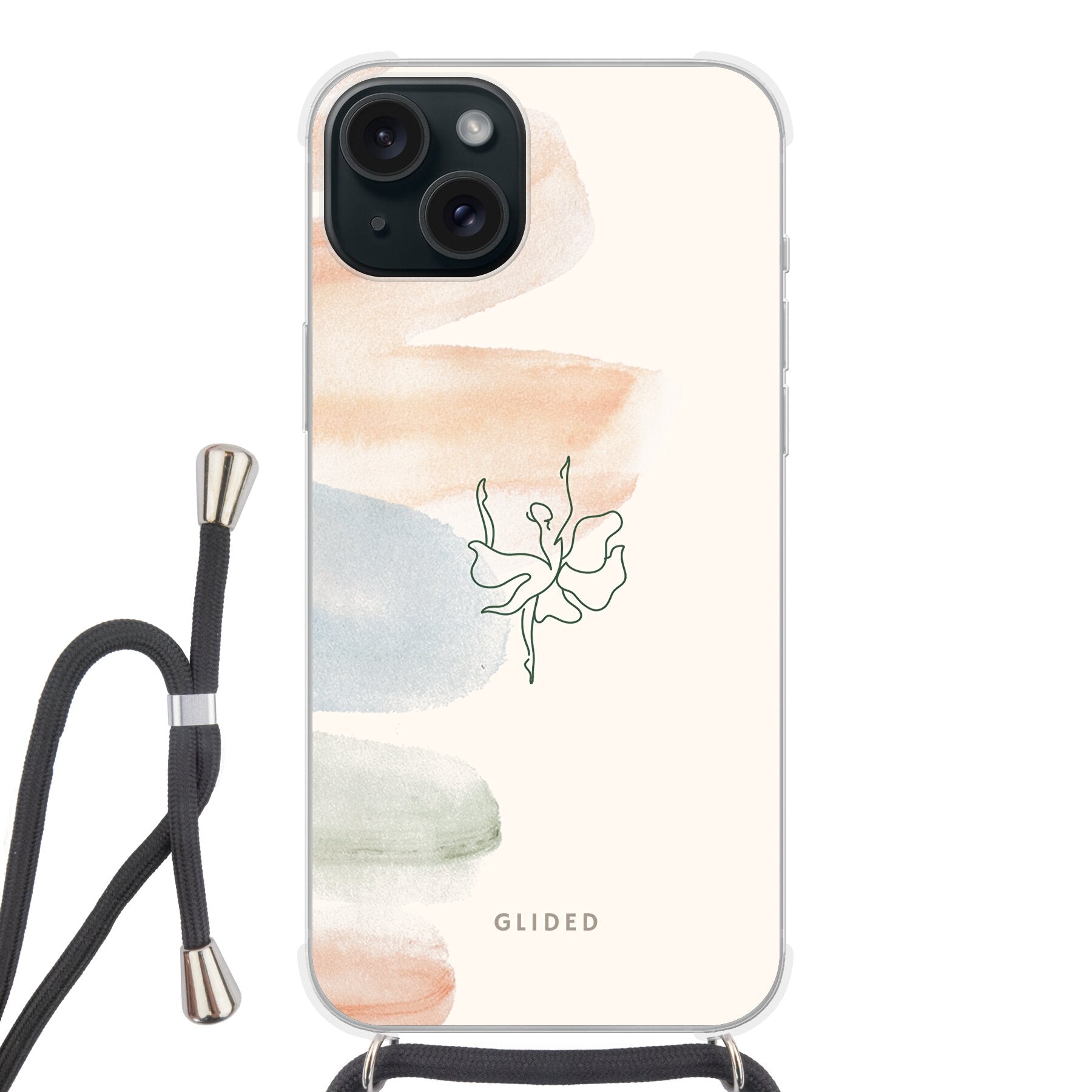 Aquarelle iPhone 15 Plus Handyhülle mit zarten Pastellfarben und einer eleganten Ballerina im Design, idealer Schutz und Stil.