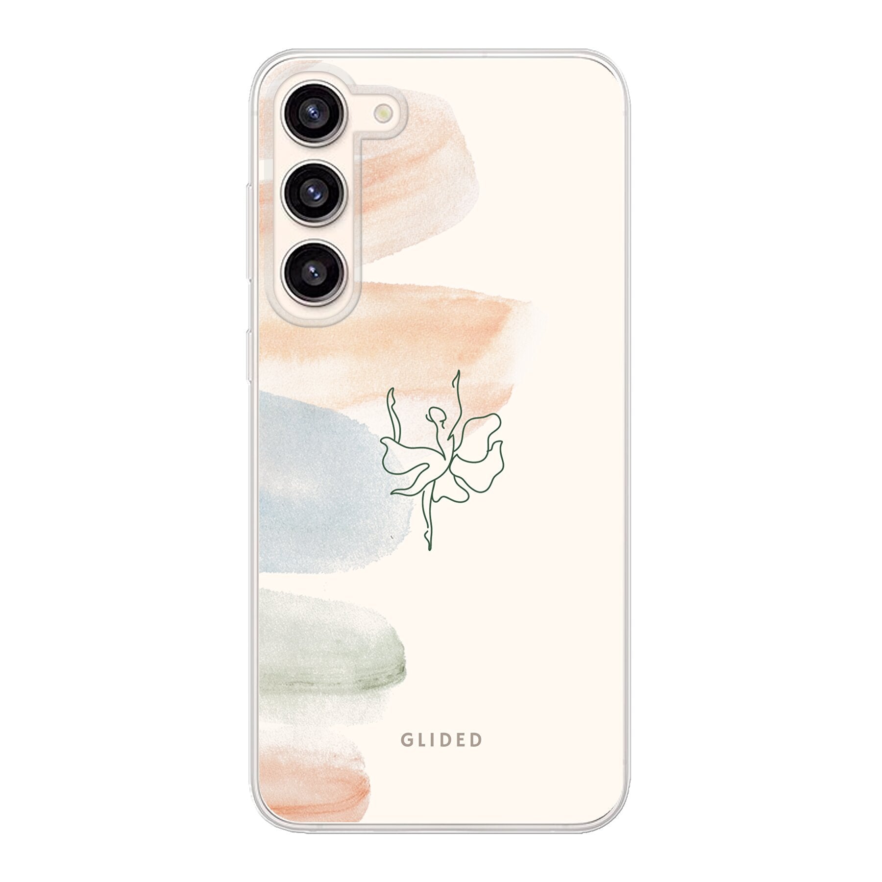 Aquarelle Handyhülle für Samsung Galaxy S23 Plus mit zarten Pastellfarben und einer eleganten Ballerina im Design.