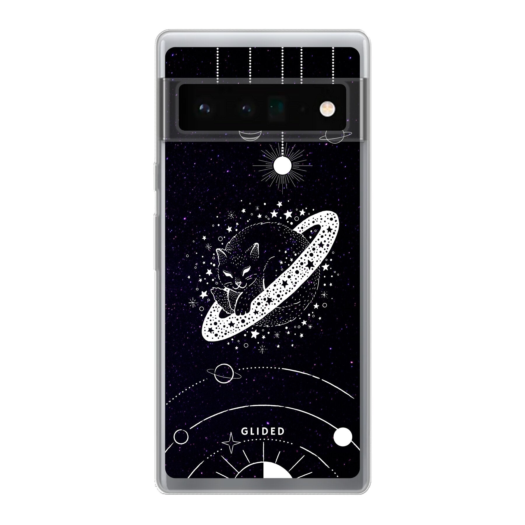 Astro Whiskers Handyhülle für Google Pixel 6 Pro mit einer eleganten Katze vor einem mystischen Weltraum-Hintergrund.