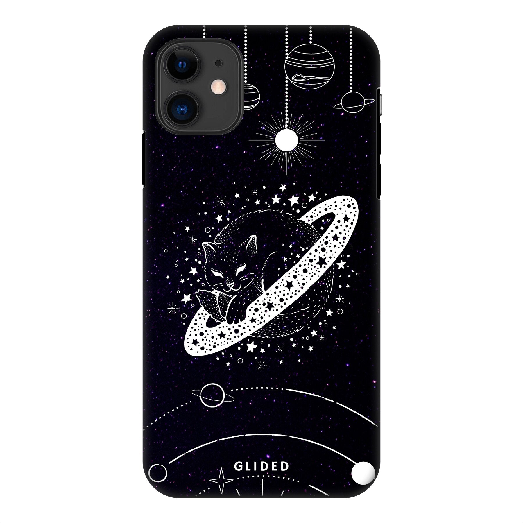 Astro Whiskers iPhone 11 Handyhülle mit einer eleganten Katze vor einem mystischen Weltraumhintergrund.