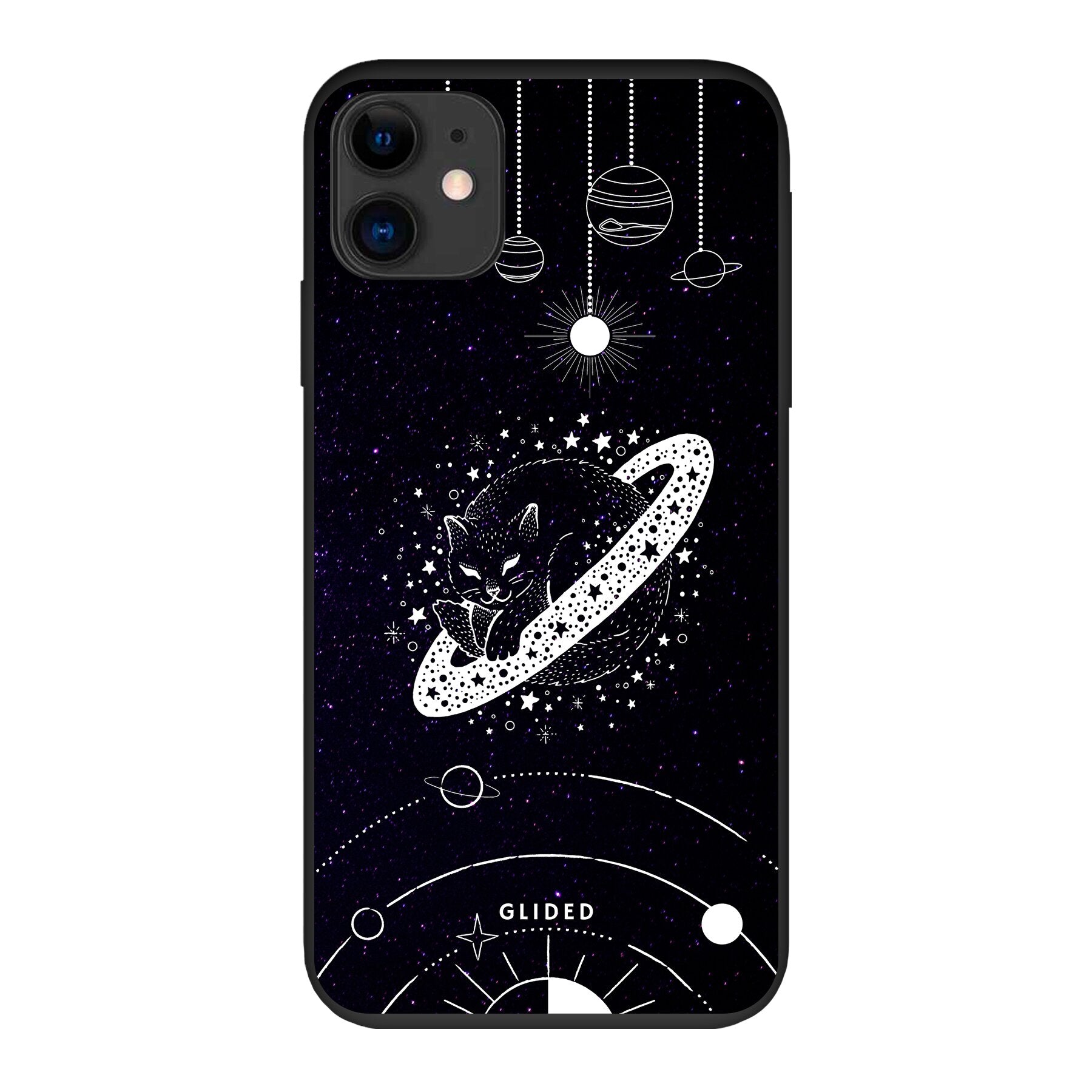 Astro Whiskers iPhone 11 Handyhülle mit einer eleganten Katze vor einem mystischen Weltraumhintergrund.