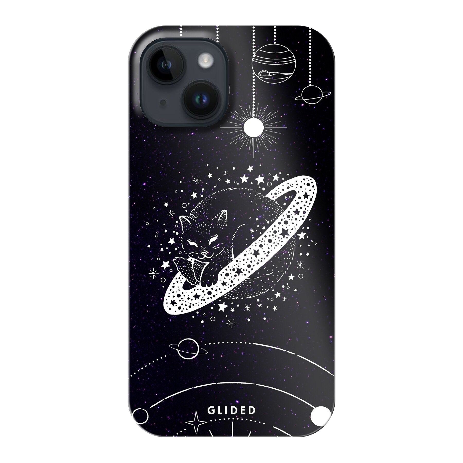 Astro Whiskers iPhone 15 Handyhülle mit einer eleganten Katze vor einem mystischen Weltraumhintergrund.