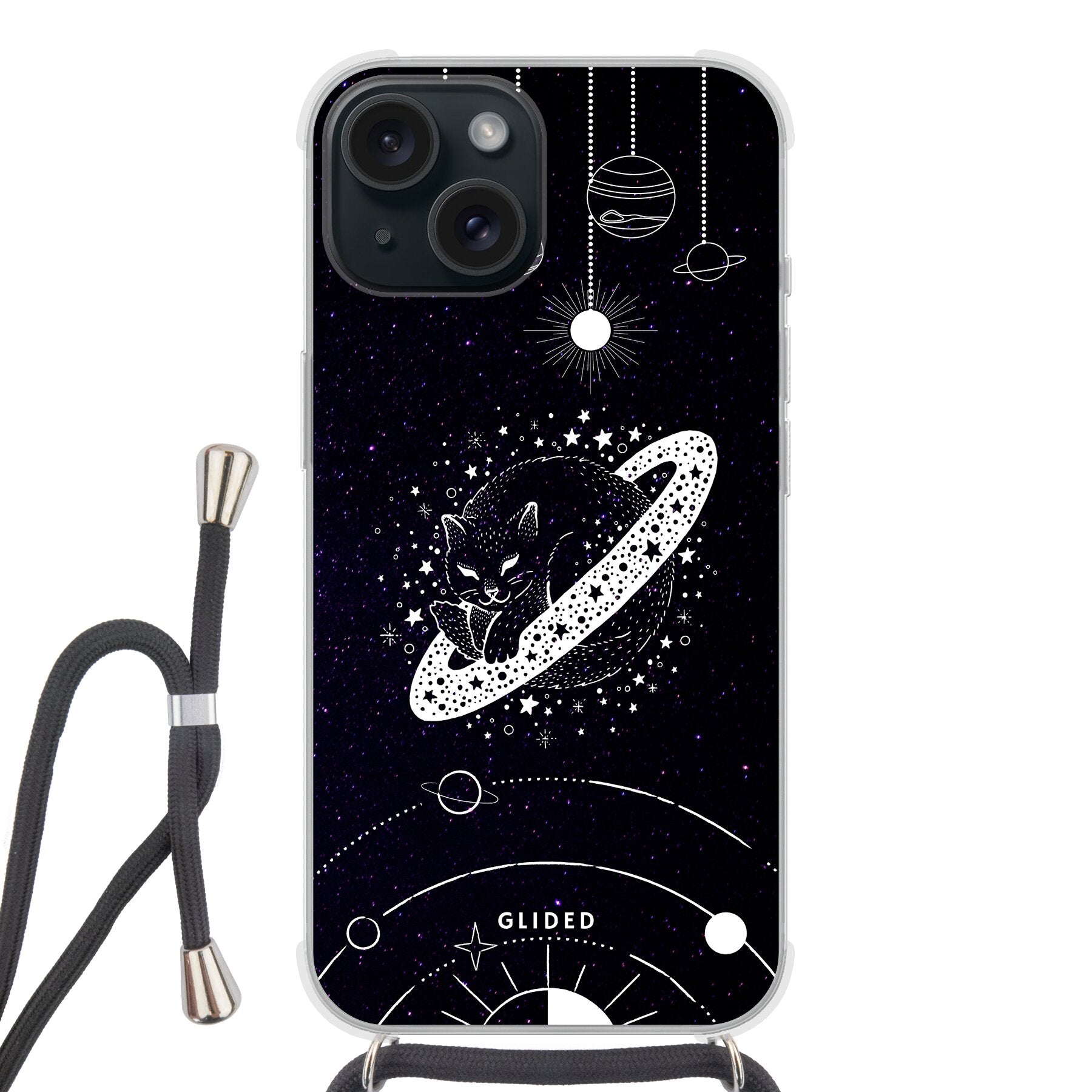 Astro Whiskers iPhone 15 Handyhülle mit einer eleganten Katze vor einem mystischen Weltraumhintergrund.