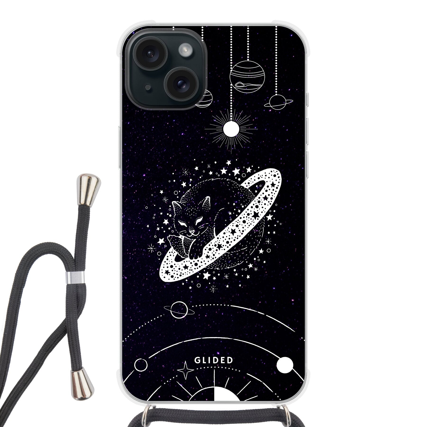 Astro Whiskers iPhone 15 Plus Hülle mit einer eleganten Katze vor einem mystischen Weltraum-Hintergrund.