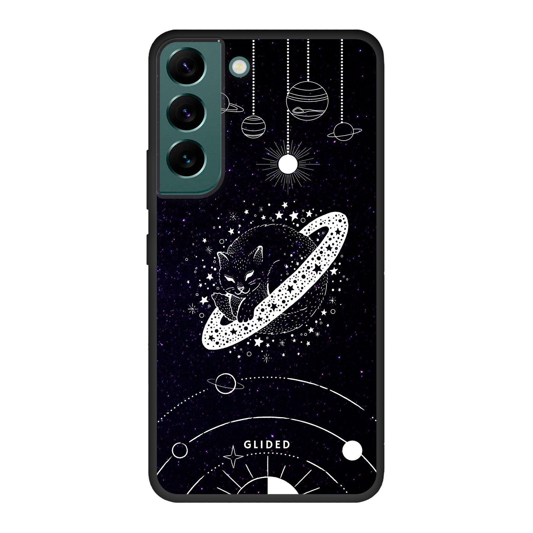 Astro Whiskers Samsung Galaxy S22 Hülle mit einer eleganten Katze im Weltraum auf dunklem Hintergrund, bietet stilvollen Schutz.