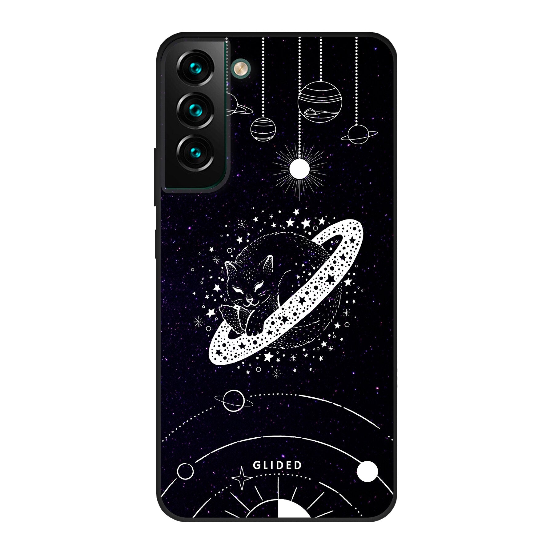 Astro Whiskers Handyhülle für Samsung Galaxy S22 Plus mit einer eleganten Katze vor einem geheimnisvollen Weltraum-Hintergrund.