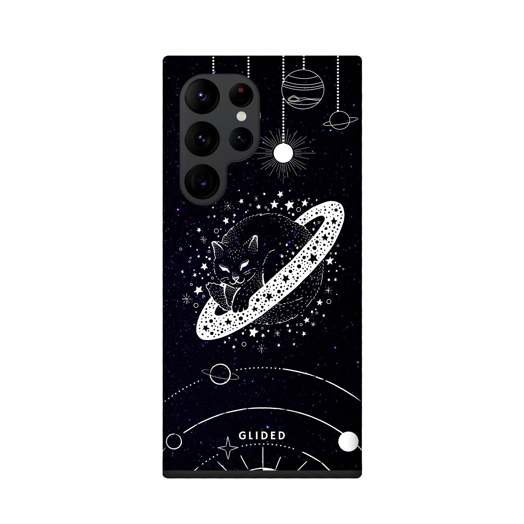 Astro Whiskers Handyhülle für Samsung Galaxy S22 Ultra mit einer stilvollen Katze vor einem mysteriösen Weltraum-Hintergrund.