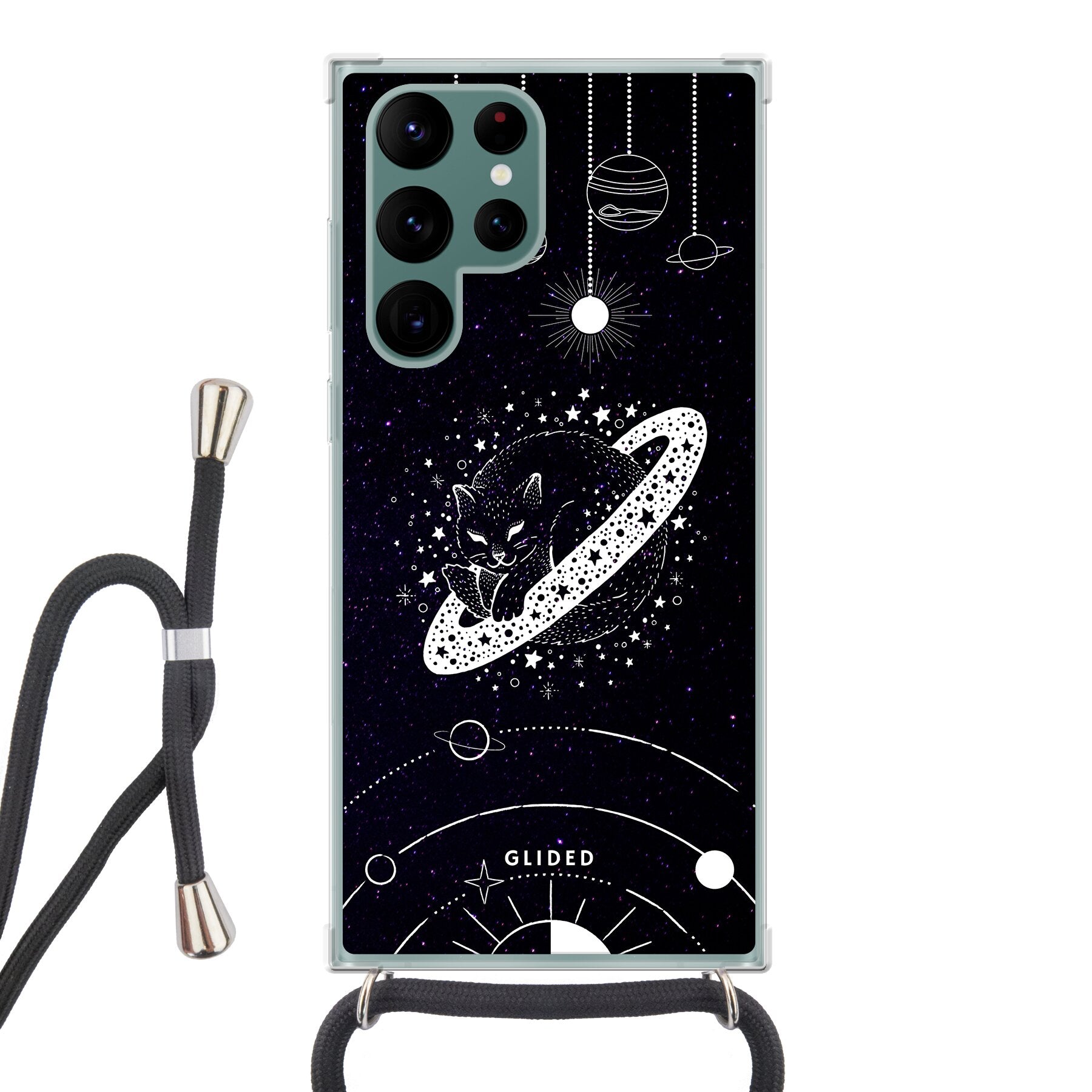 Astro Whiskers Handyhülle für Samsung Galaxy S22 Ultra mit einer stilvollen Katze vor einem mysteriösen Weltraum-Hintergrund.