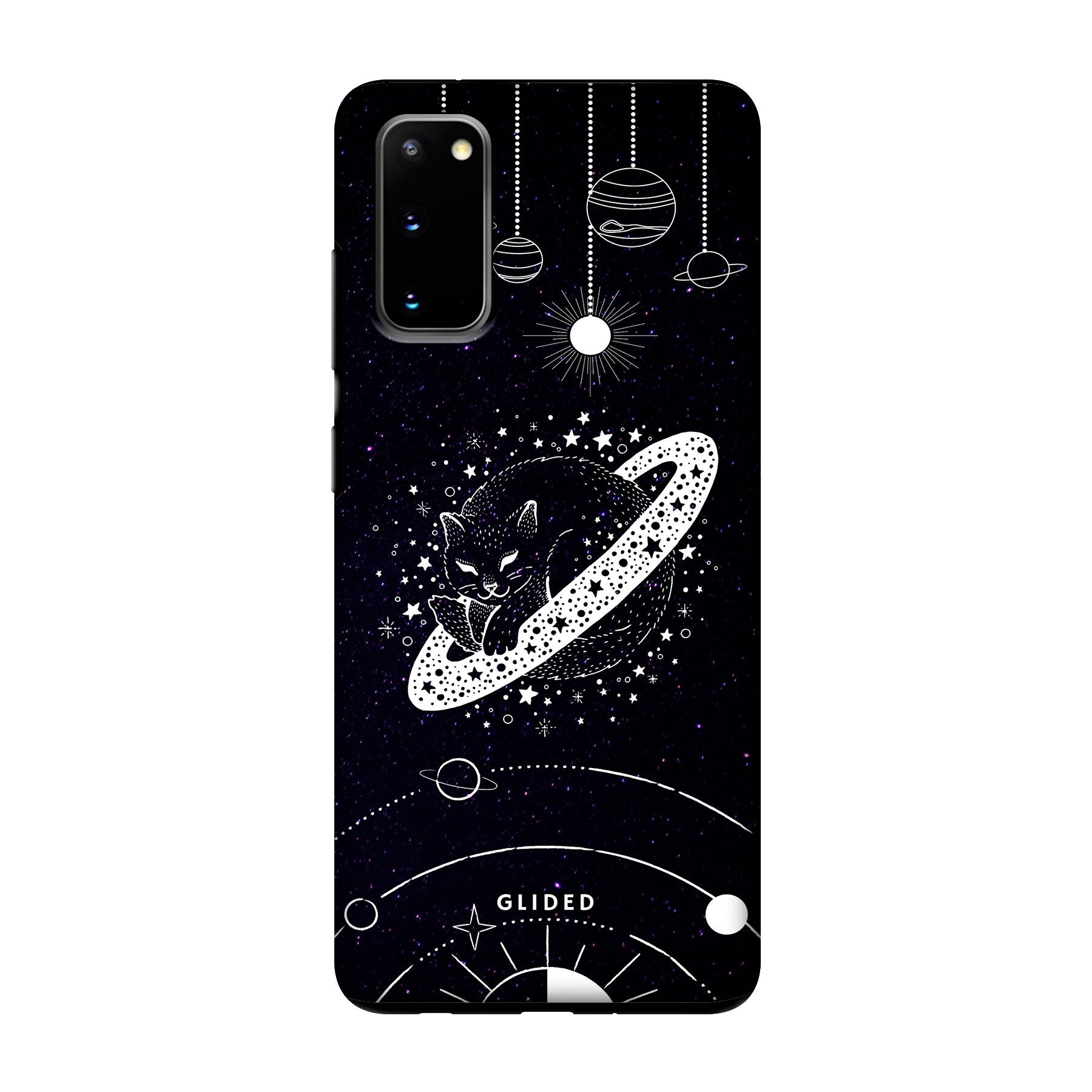 Astro Whiskers Handyhülle für Samsung Galaxy S20/S20 5G mit einer eleganten Katze im Weltraum auf einem dunklen Hintergrund.