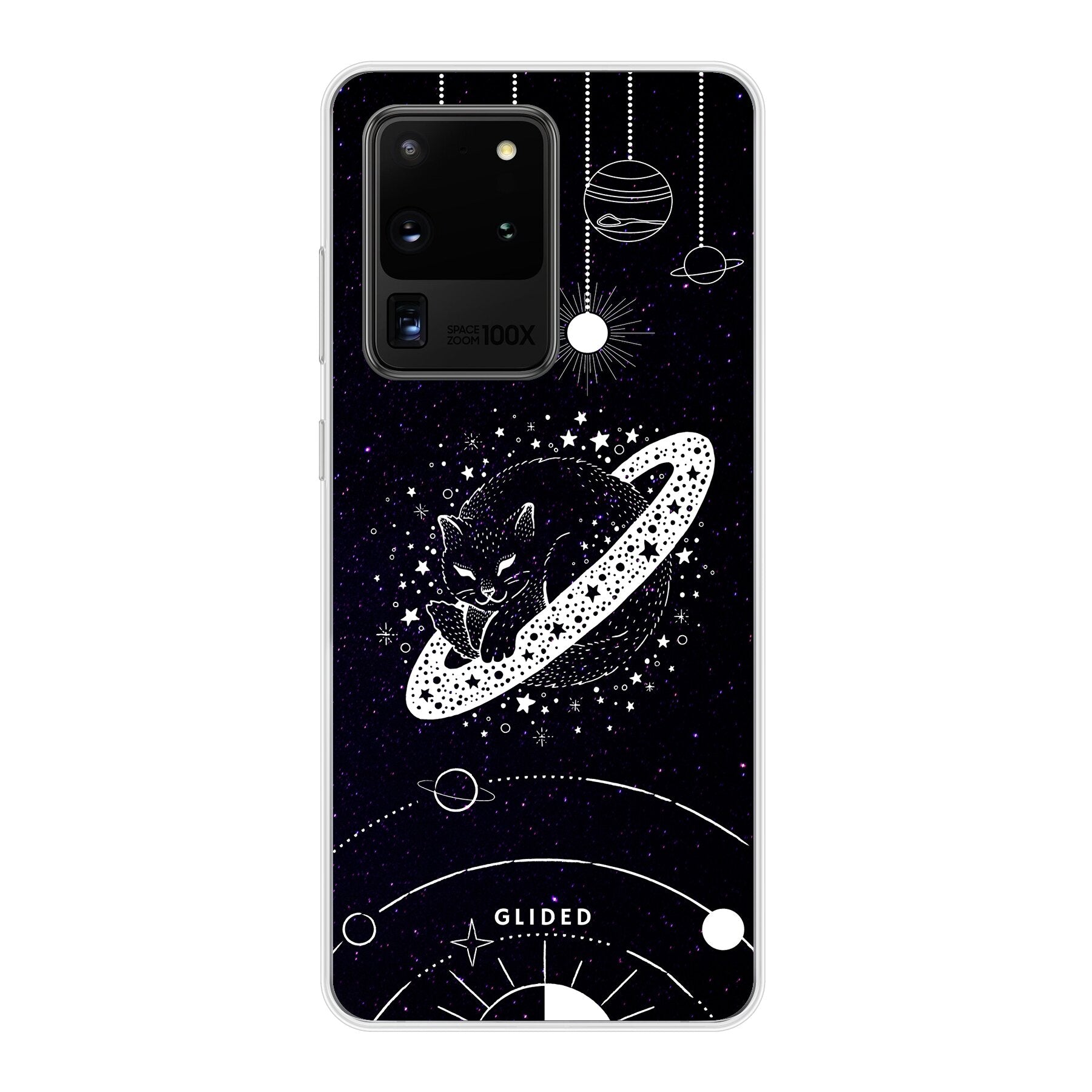 Astro Whiskers Handyhülle für Samsung Galaxy S20/S20 5G mit einer eleganten Katze im Weltraum auf einem dunklen Hintergrund.