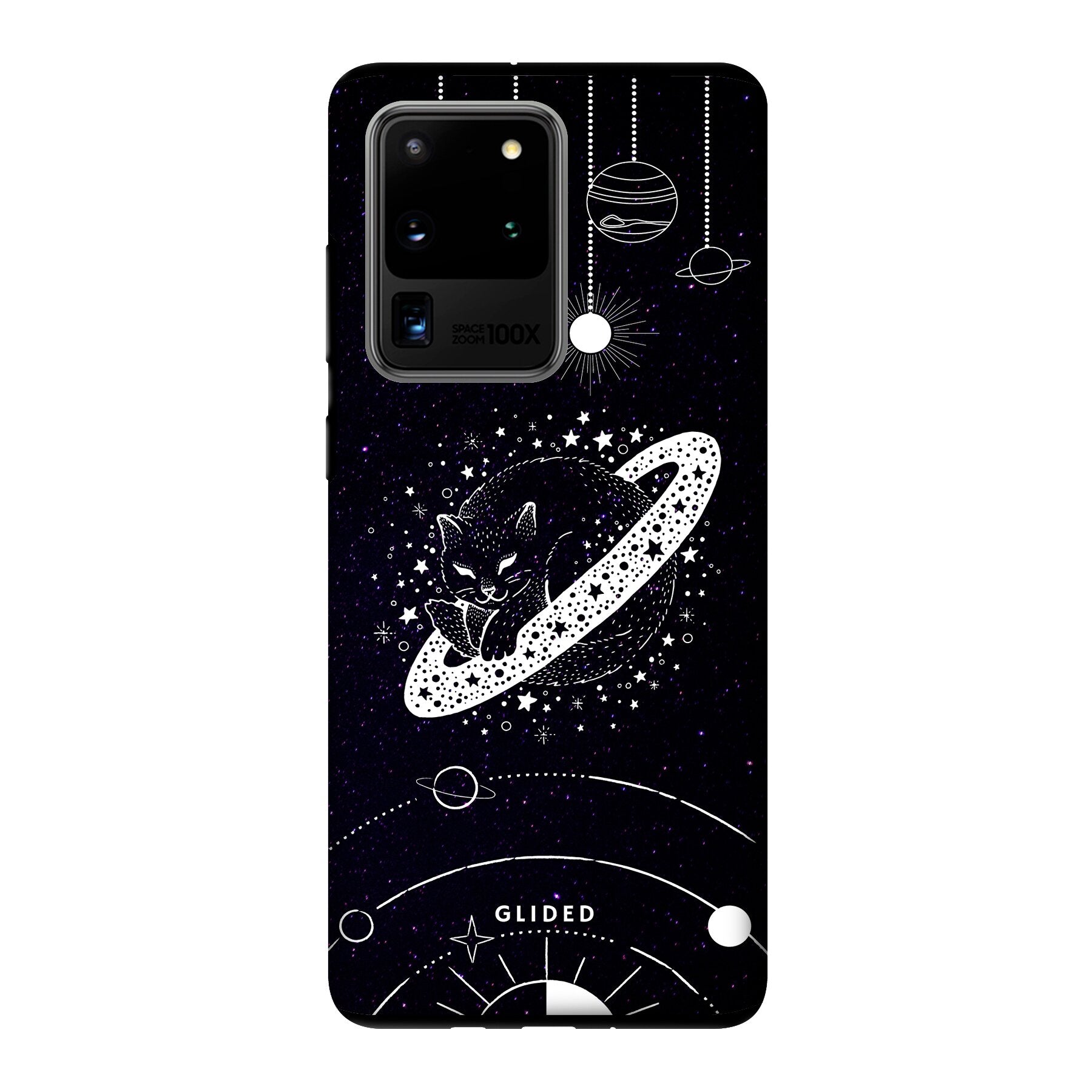 Astro Whiskers Hülle für Samsung Galaxy S20 Ultra mit einer eleganten Katze vor einem mystischen Weltraumhintergrund.