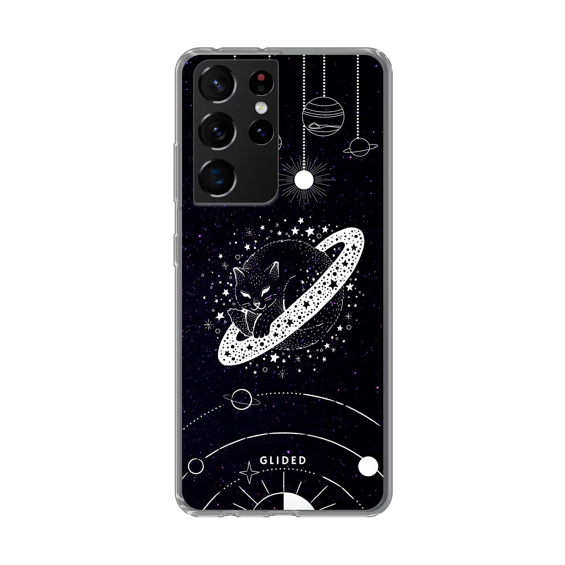 Astro Whiskers Handyhülle für Samsung Galaxy S21 Ultra 5G mit einer eleganten Katze im Weltraum auf einem dunklen Hintergrund.