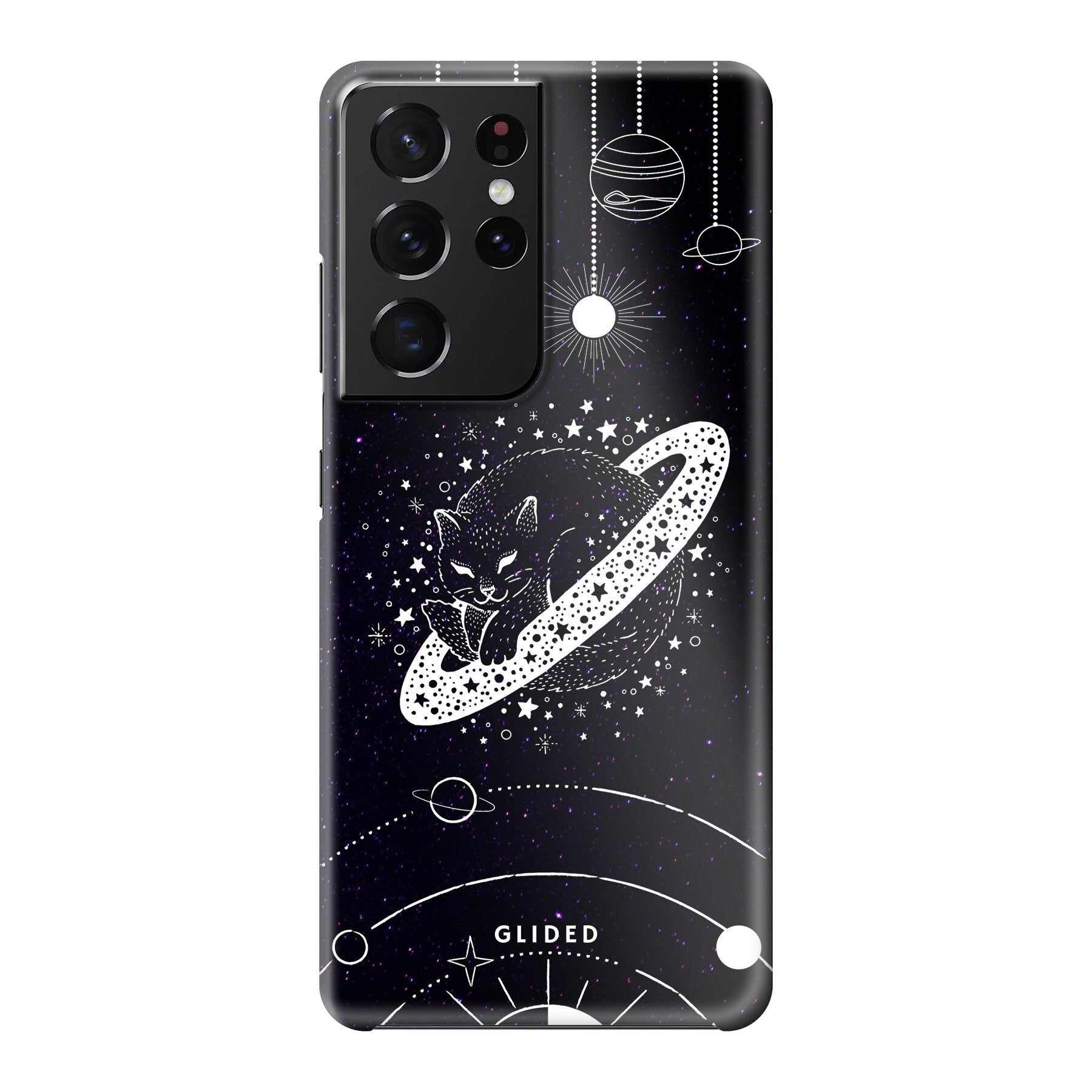 Astro Whiskers Handyhülle für Samsung Galaxy S21 Ultra 5G mit einer eleganten Katze im Weltraum auf einem dunklen Hintergrund.