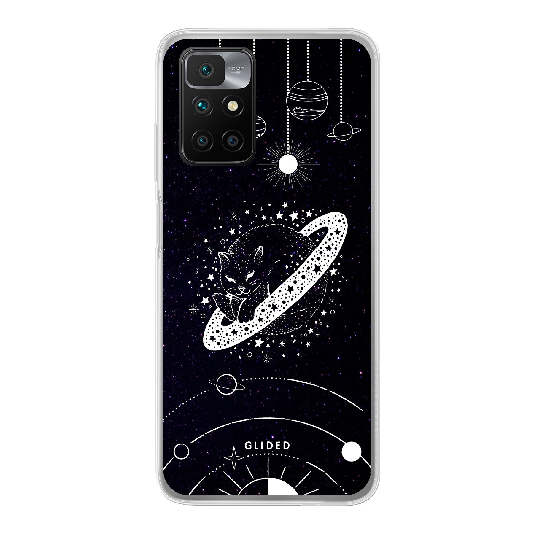 Astro Whiskers Xiaomi Redmi 10 Handyhülle mit einer eleganten Katze auf einem dunklen, mystischen Hintergrund, umgeben von Weltraum-Elementen.