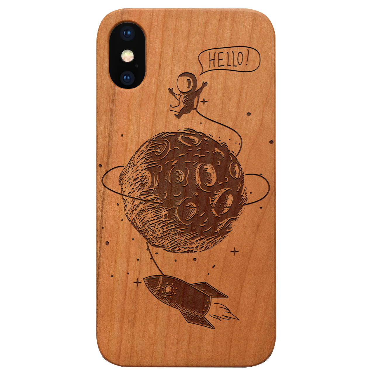Engraved wooden phone case featuring an astronaut design on the moon, showcasing natural wood texture and stylish edges.