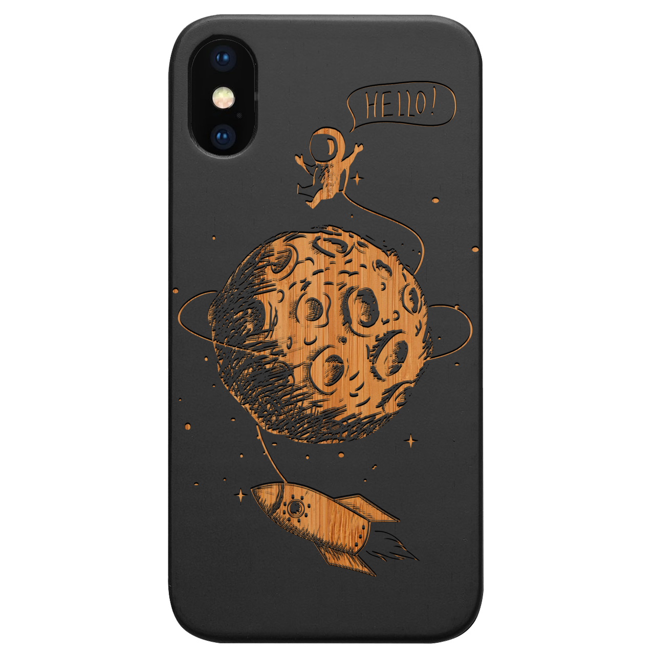 Engraved wooden phone case featuring an astronaut design on the moon, showcasing natural wood texture and stylish edges.