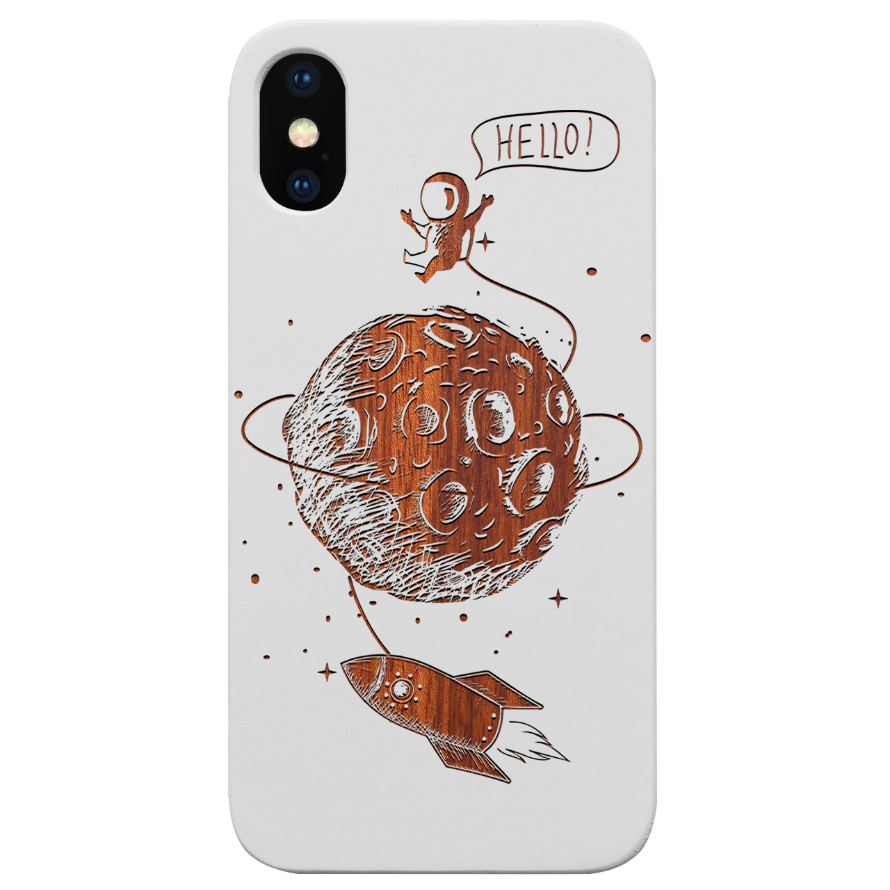 Engraved wooden phone case featuring an astronaut design on the moon, showcasing natural wood texture and stylish edges.