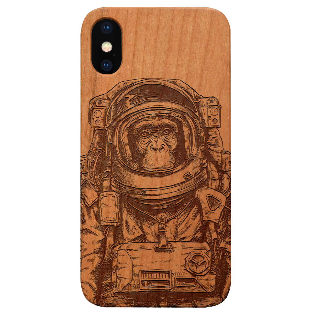Astronaut Monkey Engraved wooden phone case showcasing unique design and durable materials.