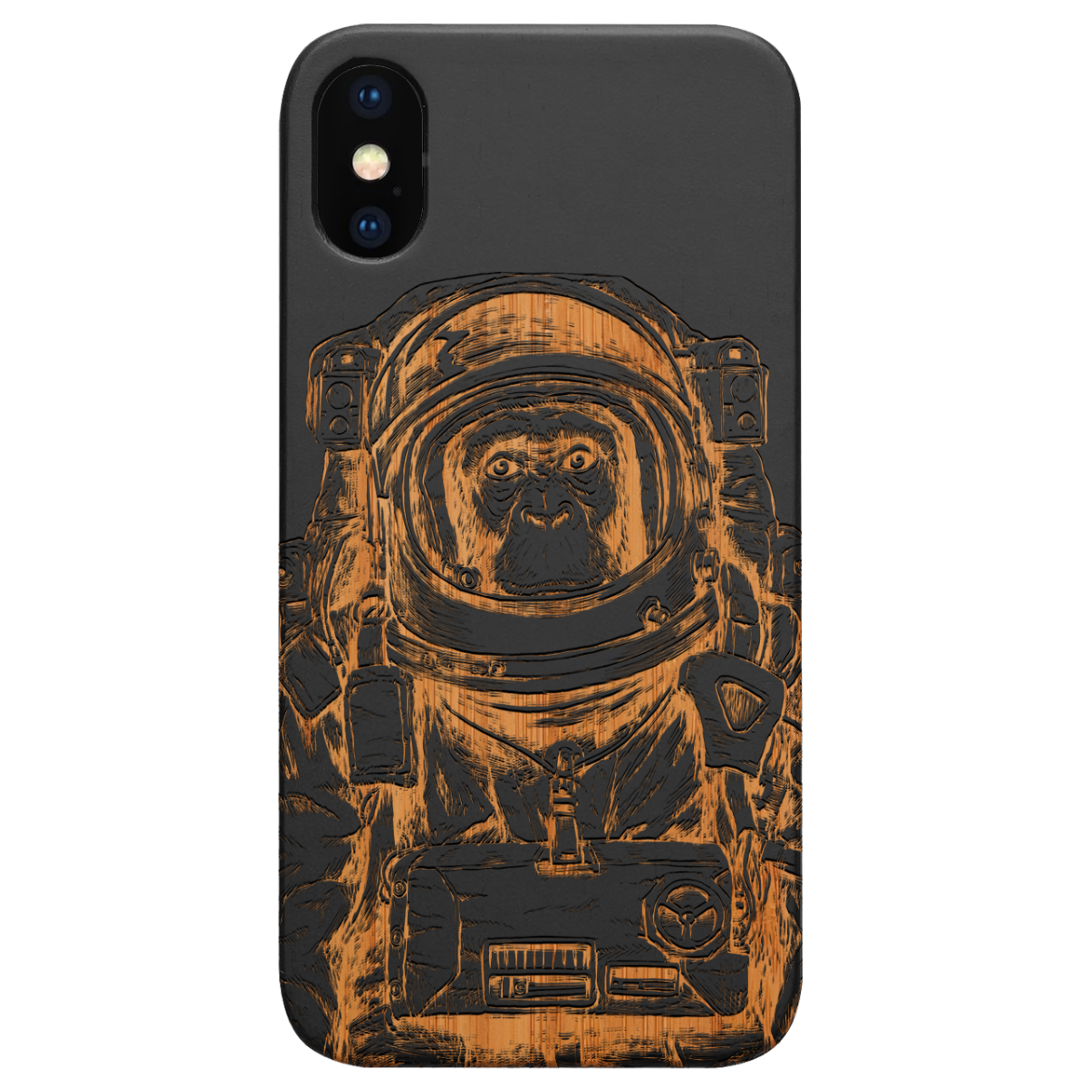 Astronaut Monkey Engraved wooden phone case showcasing unique design and durable materials.