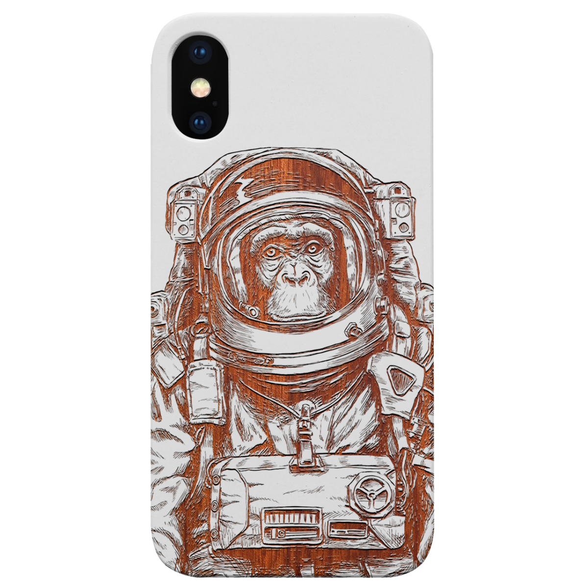 Astronaut Monkey Engraved wooden phone case showcasing unique design and durable materials.
