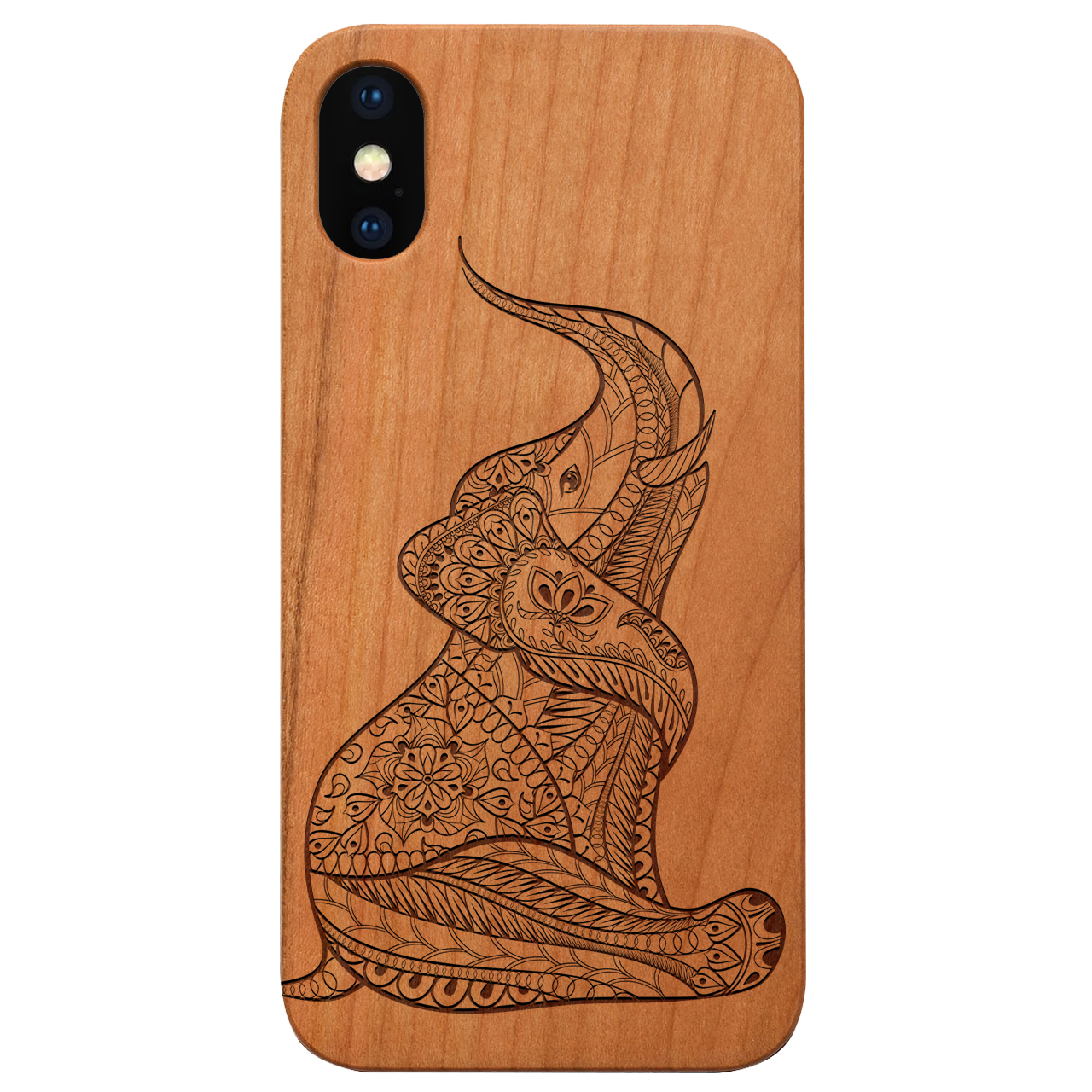 Baby Elephant Engraved wooden phone case showcasing intricate elephant design and natural wood finish.