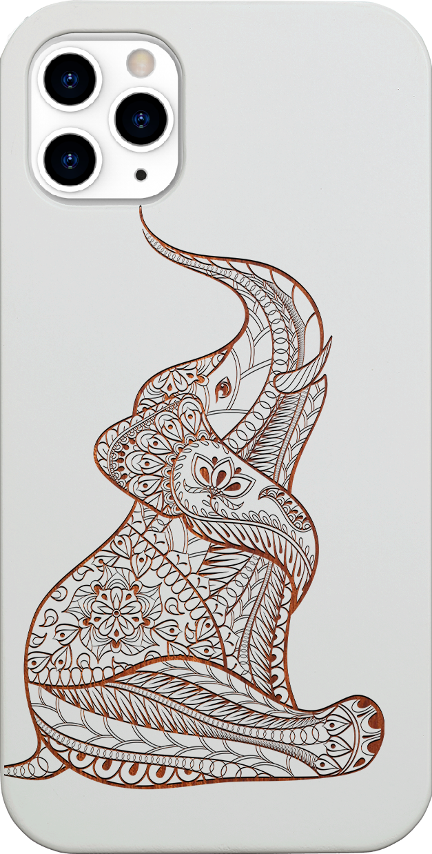 Baby Elephant Engraved wooden phone case showcasing intricate elephant design and natural wood finish.