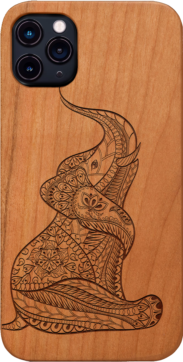 Baby Elephant Engraved wooden phone case showcasing intricate elephant design and natural wood finish.